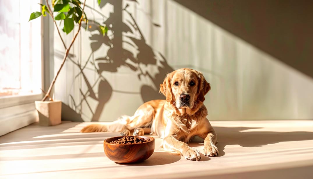 Chien calme allongé près d’un bol de croquettes sur fond vert doux, illustrant une alimentation digestion facile adaptée aux chiens sensibles.