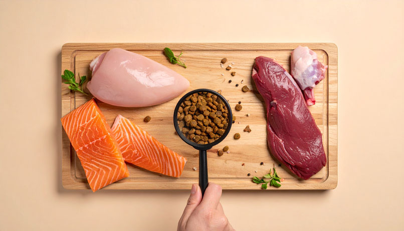 Sélection de viandes fraîches et de croquettes sur une planche en bois, représentant différentes sources de protéines pour chien et chat.