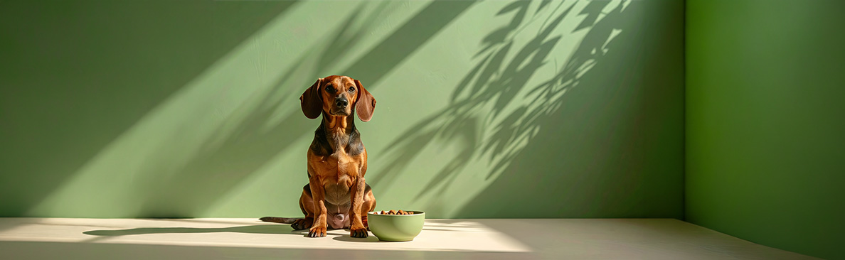 Chiot assis devant une gamelle remplie de croquettes dans un intérieur lumineux.