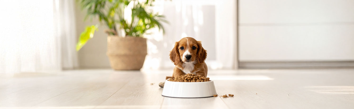 Chiot assis devant une gamelle remplie de croquettes dans un intérieur lumineux.