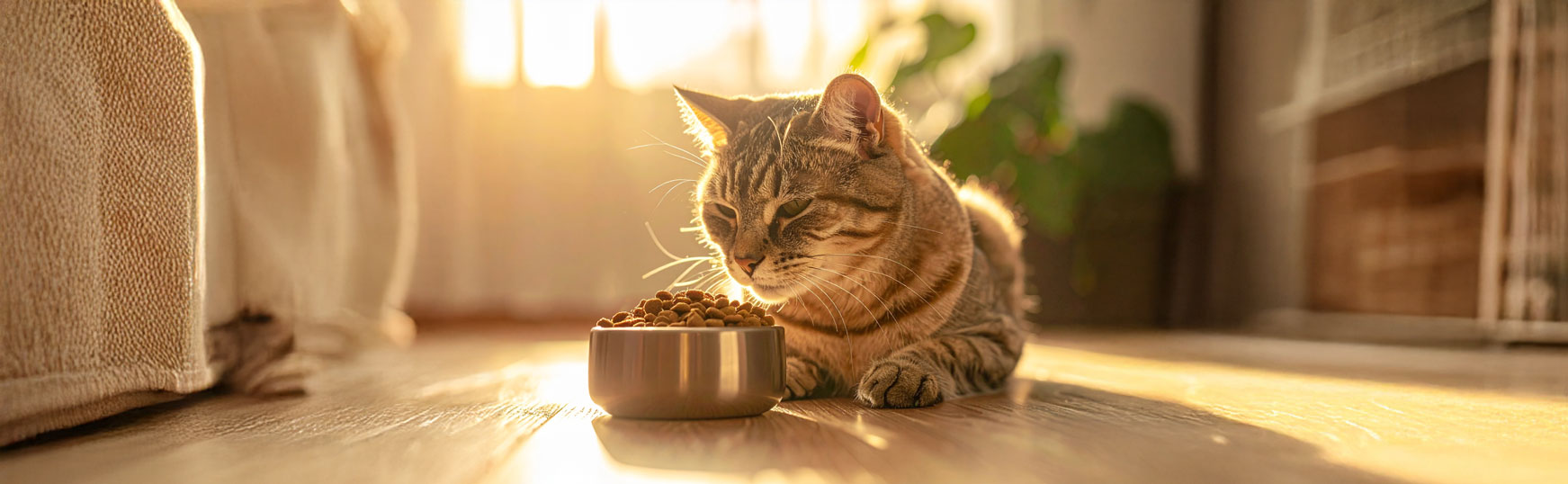 Chat tigré allongé près d’une gamelle de croquettes dans un intérieur ensoleillé.