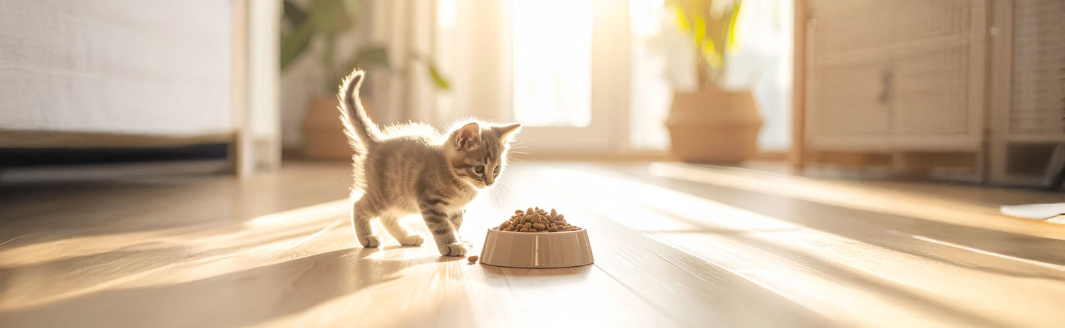 Chaton tigré s’approchant d’une gamelle de croquettes dans un intérieur lumineux.