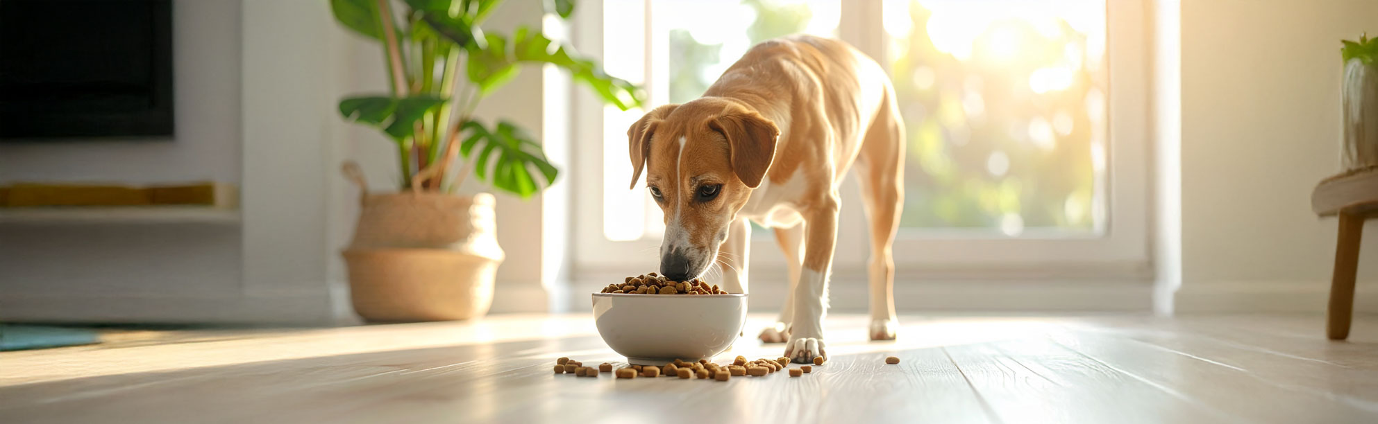 Chien au pelage brillant mangeant des croquettes hypoallergéniques naturelles dans un bol, illustrant une alimentation saine et adaptée aux chiens sensibles.