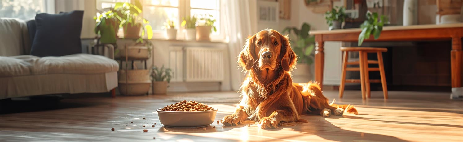Chien détendu près d’un bol de croquettes digestion facile, illustrant une alimentation adaptée pour améliorer le confort digestif et le bien-être quotidien.