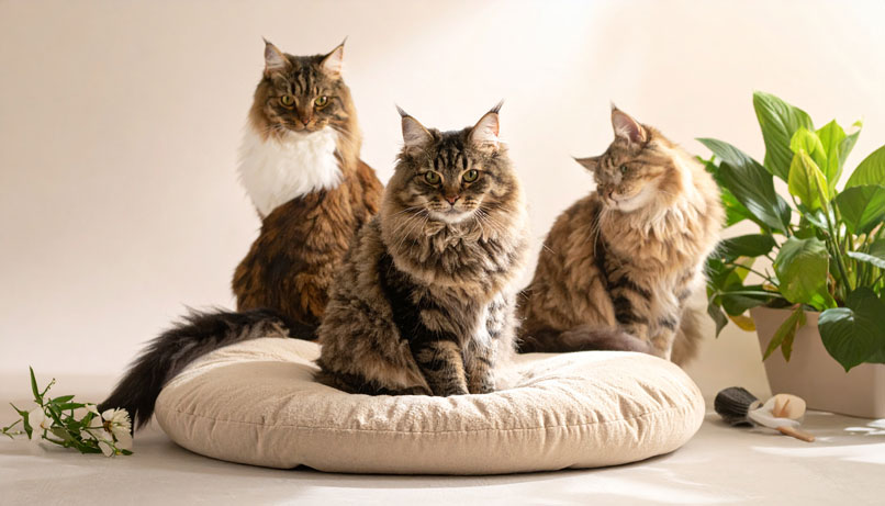 Trois chats assis sur un coussin beige, illustrant les différences de besoins nutritionnels selon le type de chat.