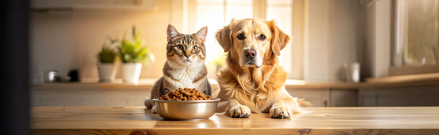 Chat et chien côte à côte devant une gamelle de croquettes haut de gamme