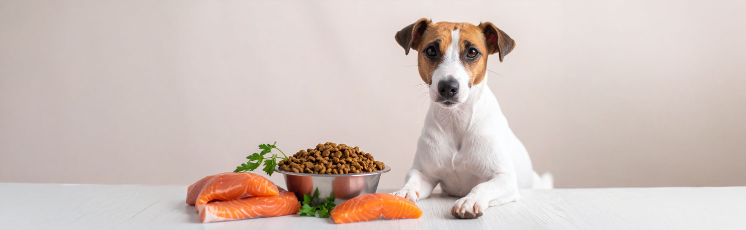 Chien devant une gamelle de croquettes accompagnée de morceaux de saumon frais, illustrant une recette monoprotéine.