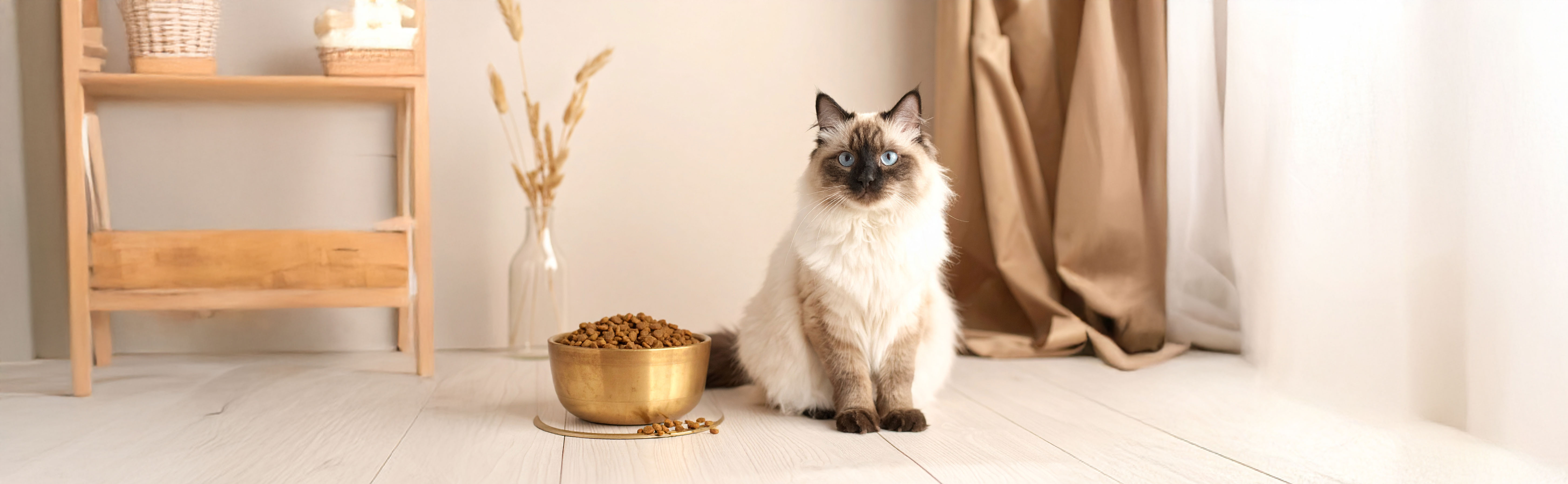 Chat aux yeux bleus assis près d’une gamelle de croquettes premium pour chat