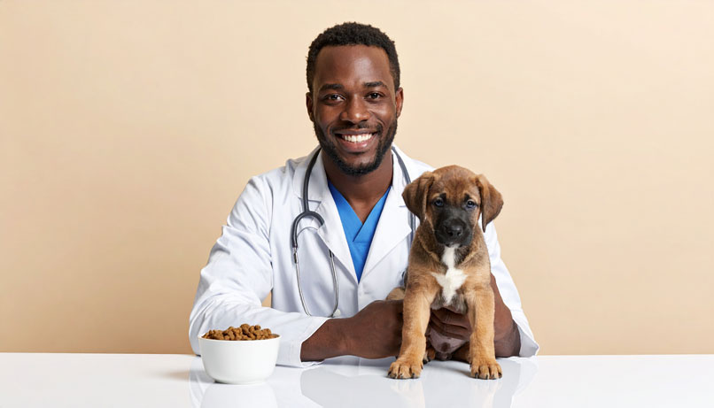 Vétérinaire souriant tenant un chiot lors d’un examen de routine.