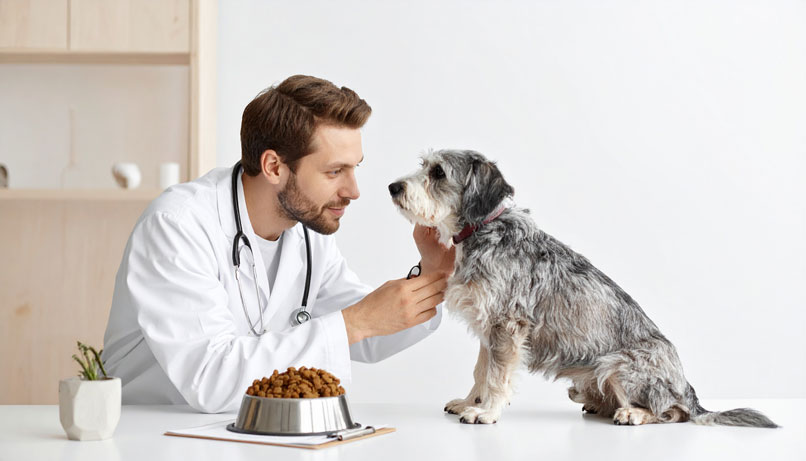 Chien âgé allongé près d’une gamelle de croquettes dans un salon lumineux.
