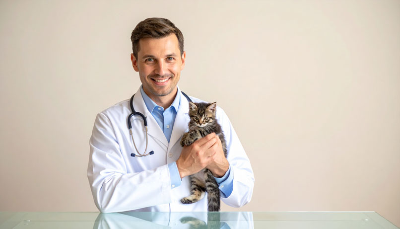 Vétérinaire souriant tenant un chaton dans ses bras lors d’un contrôle de santé.